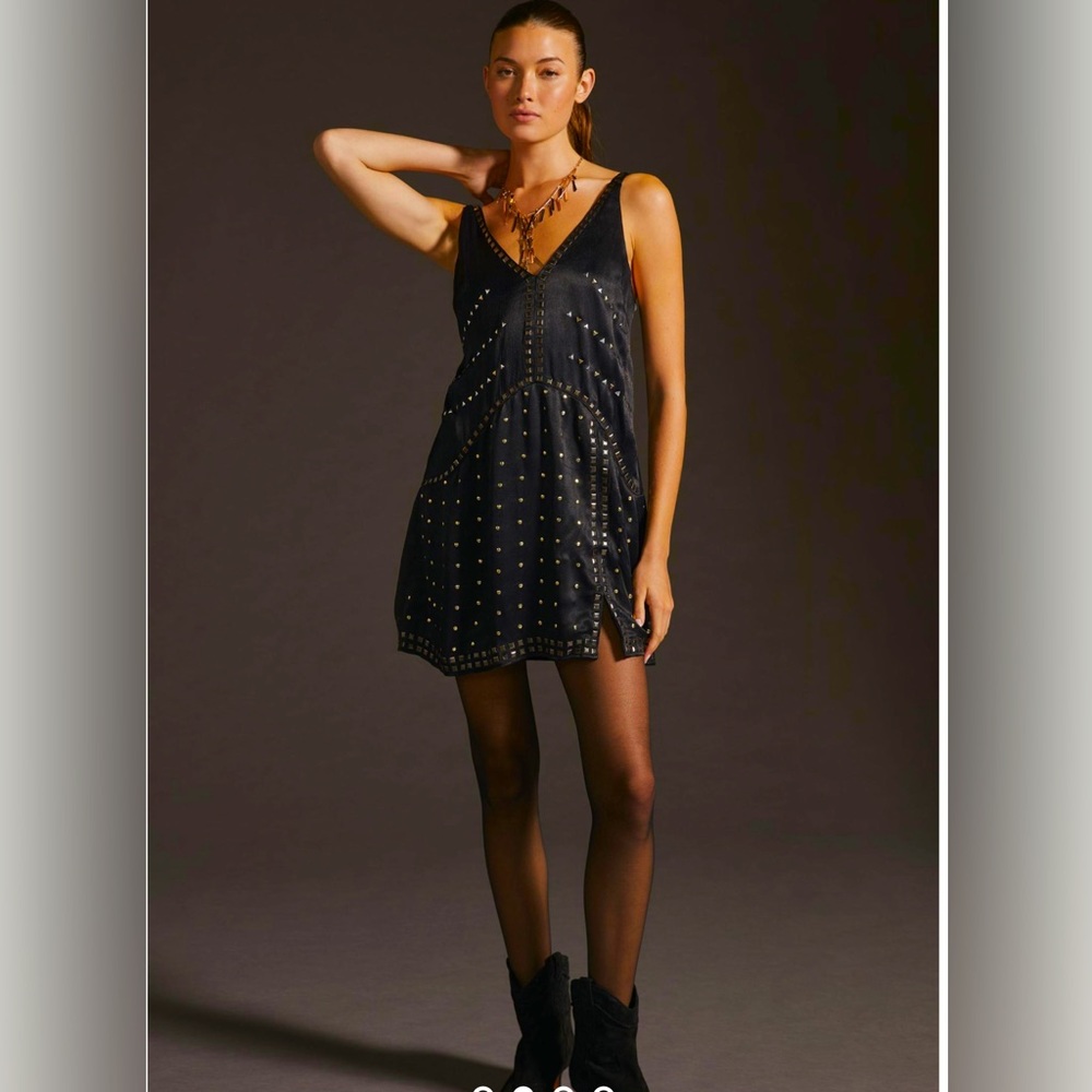 Anthropologie Deep V neck embellished mini dress